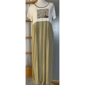 90s Nativewear Designs Midi Dress Sz L Beaded Bodice Ivory Olive High Waist Boho